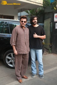 Anil Kapoor and his son Harsh Varrdhan Kapoor pose for pictures as part of promoting the movie Thar