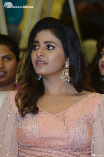 Telugu and Tamil Actress Anjali at a cinema event in light orange dress