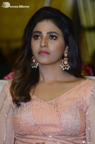 Telugu and Tamil Actress Anjali at a cinema event in light orange dress