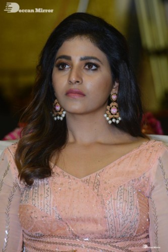 Telugu and Tamil Actress Anjali at a cinema event in light orange dress