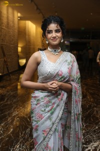 actress Anupama Parameswaran sweet looks in a greyish white floral saree