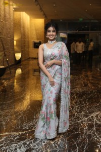 actress Anupama Parameswaran sweet looks in a greyish white floral saree