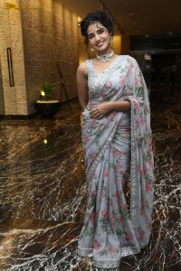 actress Anupama Parameswaran sweet looks in a greyish white floral saree