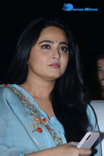 Telugu Actress Anushka Shetty in a blue dress attending a movie event