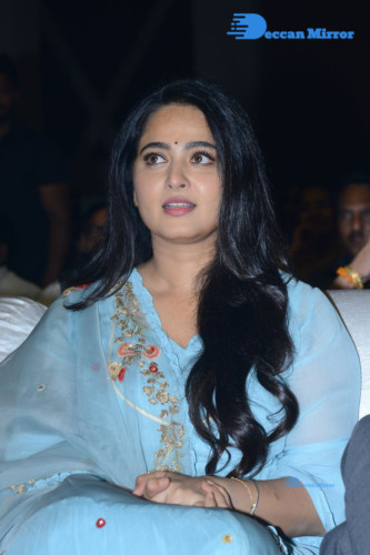 Telugu Actress Anushka Shetty in a blue dress attending a movie event