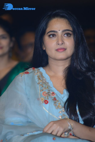 Telugu Actress Anushka Shetty in a blue dress attending a movie event