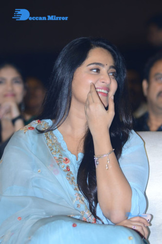 Telugu Actress Anushka Shetty in a blue dress attending a movie event