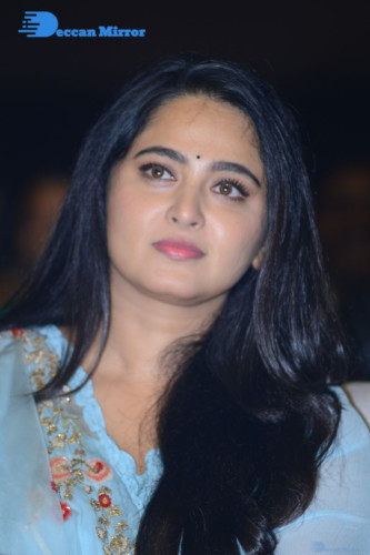 Telugu Actress Anushka Shetty in a blue dress attending a movie event