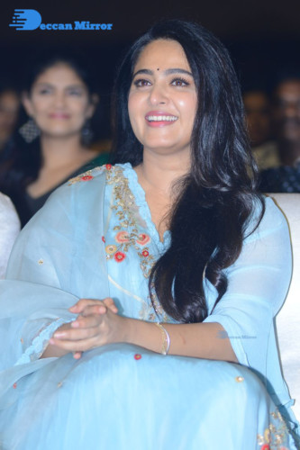 Telugu Actress Anushka Shetty in a blue dress attending a movie event