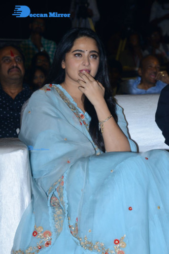 Telugu Actress Anushka Shetty in a blue dress attending a movie event