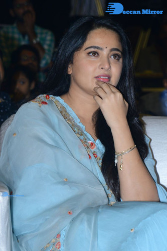 Telugu Actress Anushka Shetty in a blue dress attending a movie event