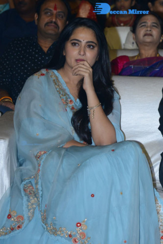 Telugu Actress Anushka Shetty in a blue dress attending a movie event