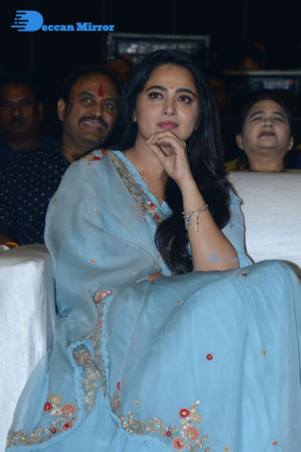 Telugu Actress Anushka Shetty in a blue dress attending a movie event