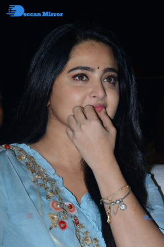 Telugu Actress Anushka Shetty in a blue dress attending a movie event