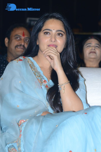 Telugu Actress Anushka Shetty in a blue dress attending a movie event