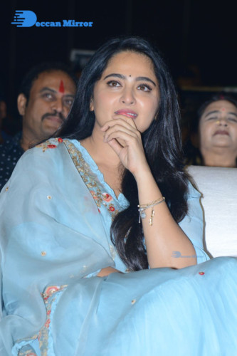 Telugu Actress Anushka Shetty in a blue dress attending a movie event