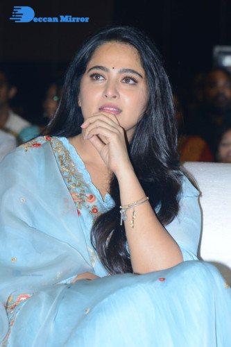 Telugu Actress Anushka Shetty in a blue dress attending a movie event