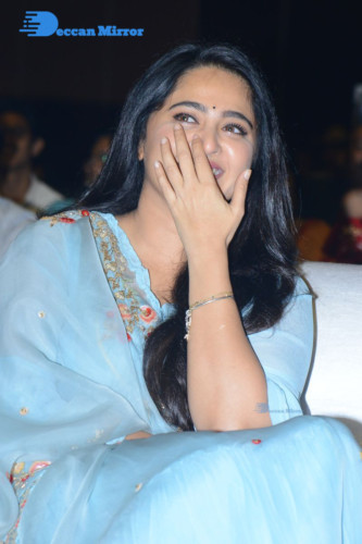 Telugu Actress Anushka Shetty in a blue dress attending a movie event