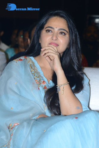 Telugu Actress Anushka Shetty in a blue dress attending a movie event