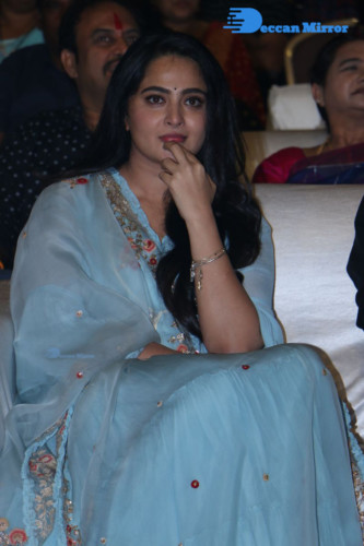 Telugu Actress Anushka Shetty in a blue dress attending a movie event