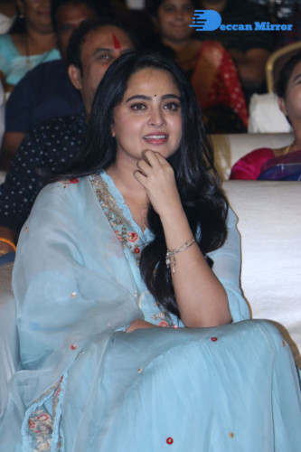 Telugu Actress Anushka Shetty in a blue dress attending a movie event