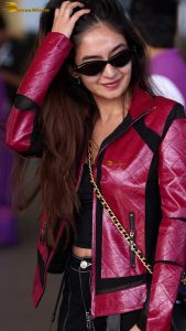 Indian tv and bollywood actress Anushka Sen cute in a maroon jacket at airport