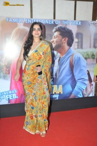 actress Ayesha Khan in a yellow saree attending a movie event