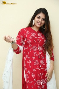 Telugu Actress Bandhavi Sridhar in a red salwar dress
