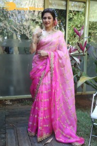 Indian Actress Bhagyashree posing in a Pink Saree