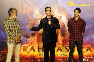 Brahmastra Motion Poster Release in Hyderabad attended by Ranbir Kapoor, Alia Bhatt, Nagarjuna, Karan Johar and SS Rajamouli