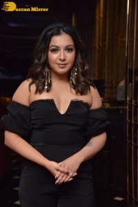 Actress Catherine Tresa aka Catherine Teresa dressed in black while attending a movie event