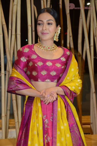 Actress Catherine Tresa in a pink dress at an event