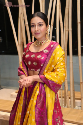Actress Catherine Tresa in a pink dress at an event