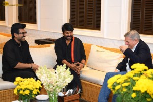 Netflix CEO Ted Sarandos meets Chiranjeevi and Ram Charan in Hyderabad