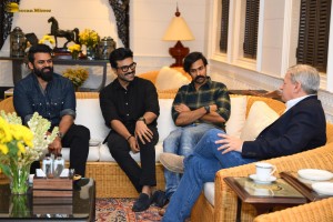 Netflix CEO Ted Sarandos meets Chiranjeevi and Ram Charan in Hyderabad