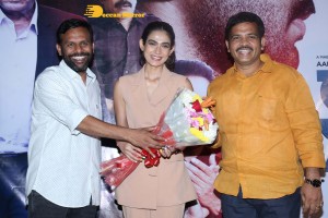 Akanksha Singh and Aadhi Pinisetty pose for pictures during the press meet of the movie Clap