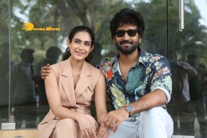 Akanksha Singh and Aadhi Pinisetty pose for pictures during the press meet of the movie Clap