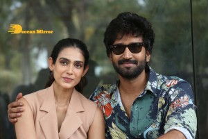 Akanksha Singh and Aadhi Pinisetty pose for pictures during the press meet of the movie Clap