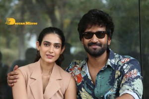 Akanksha Singh and Aadhi Pinisetty pose for pictures during the press meet of the movie Clap