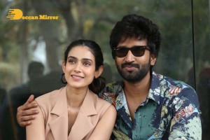 Akanksha Singh and Aadhi Pinisetty pose for pictures during the press meet of the movie Clap