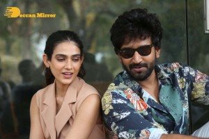 Akanksha Singh and Aadhi Pinisetty pose for pictures during the press meet of the movie Clap