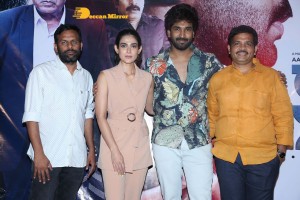 Akanksha Singh and Aadhi Pinisetty pose for pictures during the press meet of the movie Clap