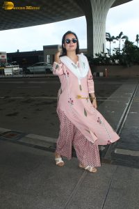 actress dia mirza gorgeous in a light pink salwar dress at airport