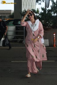 actress dia mirza gorgeous in a light pink salwar dress at airport