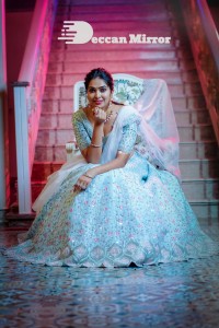 Divi Vadthya in a white lehenga choli dress