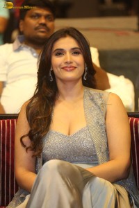 actress divyansha kaushik in a low neck dress at a movie function