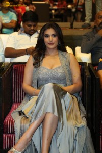 actress divyansha kaushik in a low neck dress at a movie function
