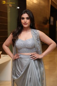 actress divyansha kaushik in a low neck dress at a movie function