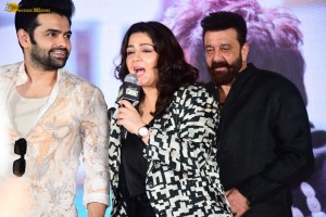 Double iSmart Song Launch attended by Ram Pothineni, Kavya Thapar, Charmy Kaur, Ali, and Sanjay Dutt