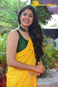 Actress Faria Abdullah in a Yellow Saree and a Green Blouse